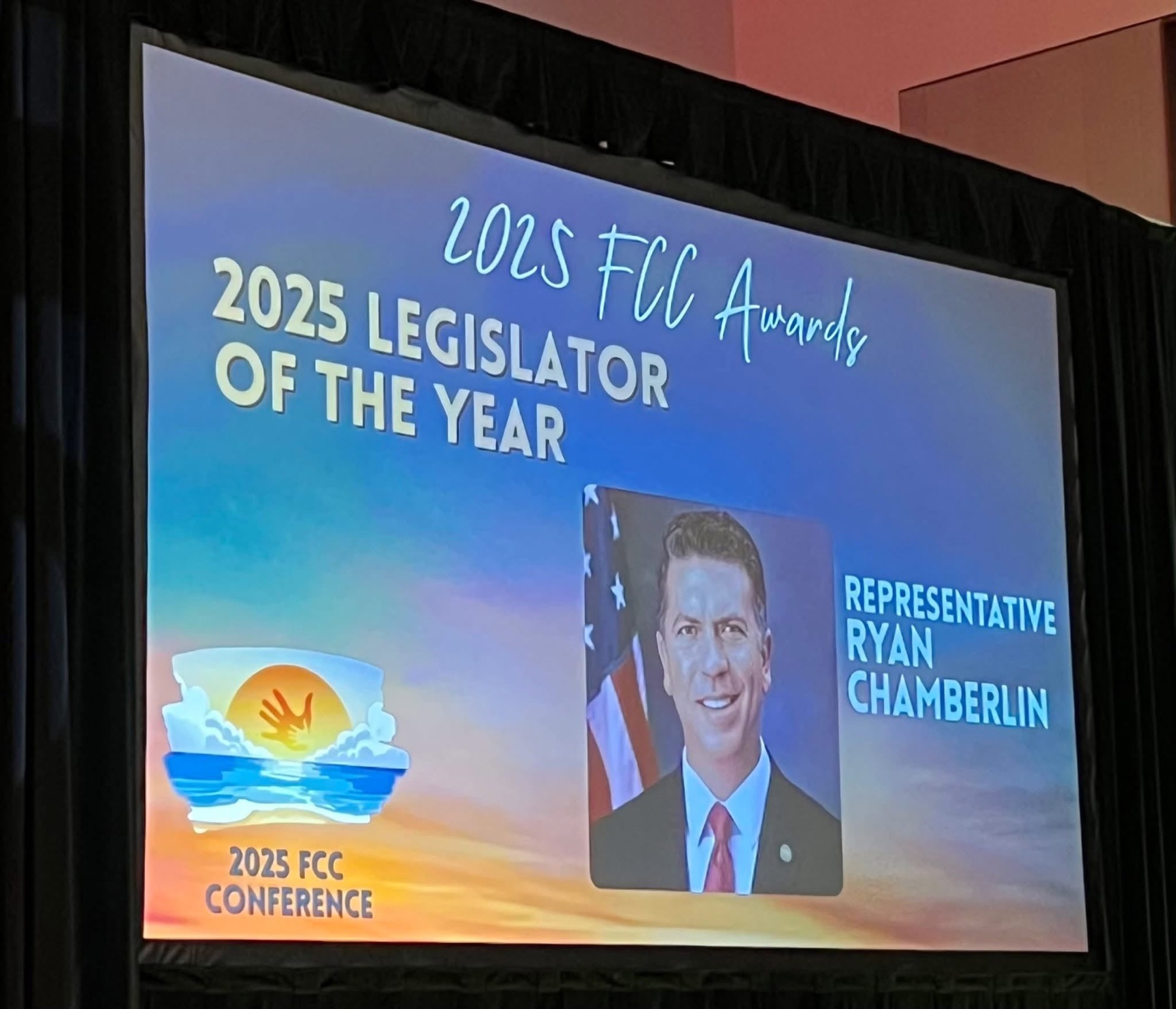 2025 FCC Awards presentation slide naming Representative Ryan Chamberlin the 2025 Legislator of the Year