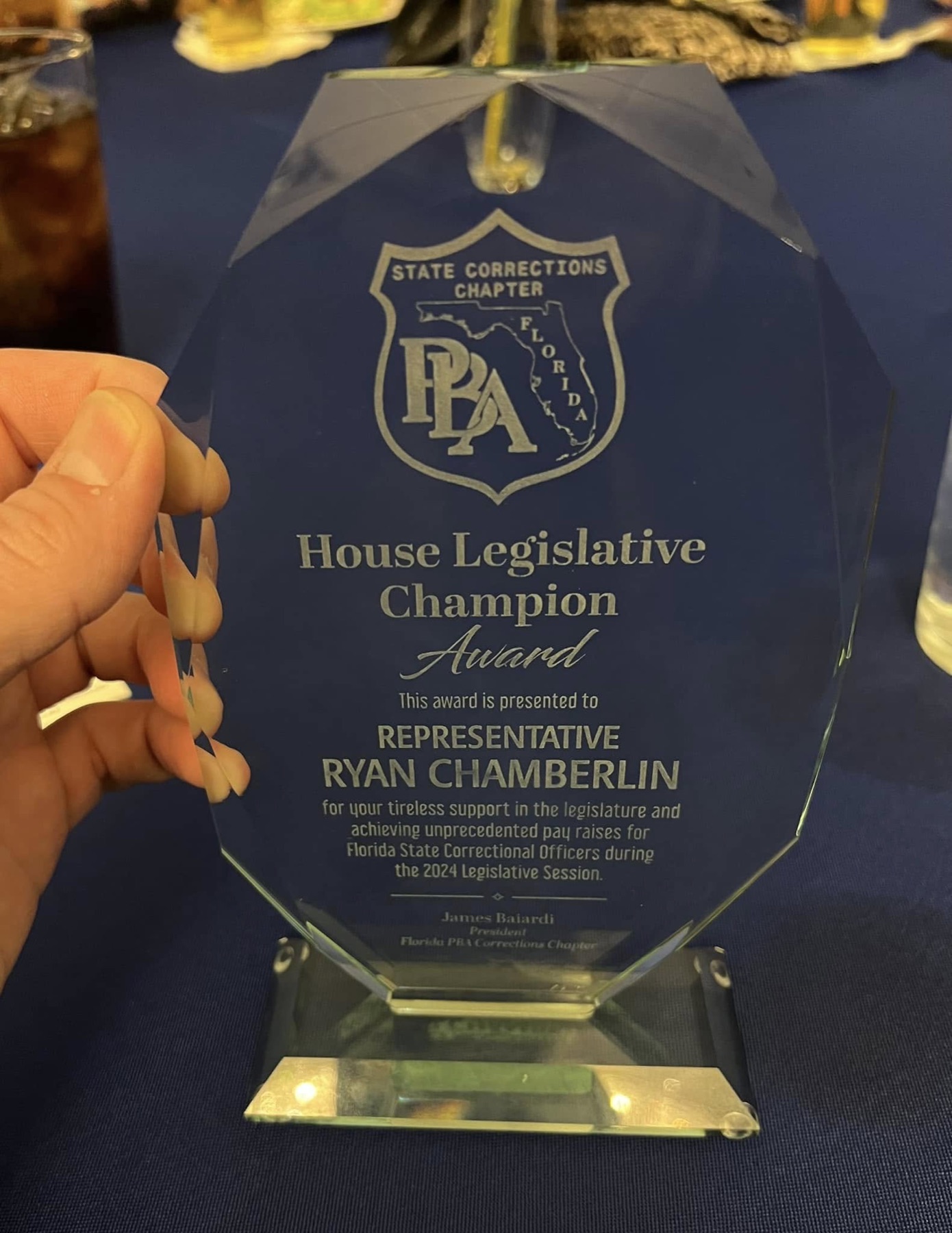 House Legislative Champion Award presented to Representative Ryan Chamberlin by the Florida PBA State Corrections Chapter